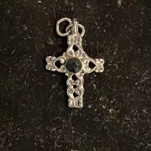 1” silver tone cross w/black onyx colored bead charm/pendant w/jump hoop - Picture 3 of 9